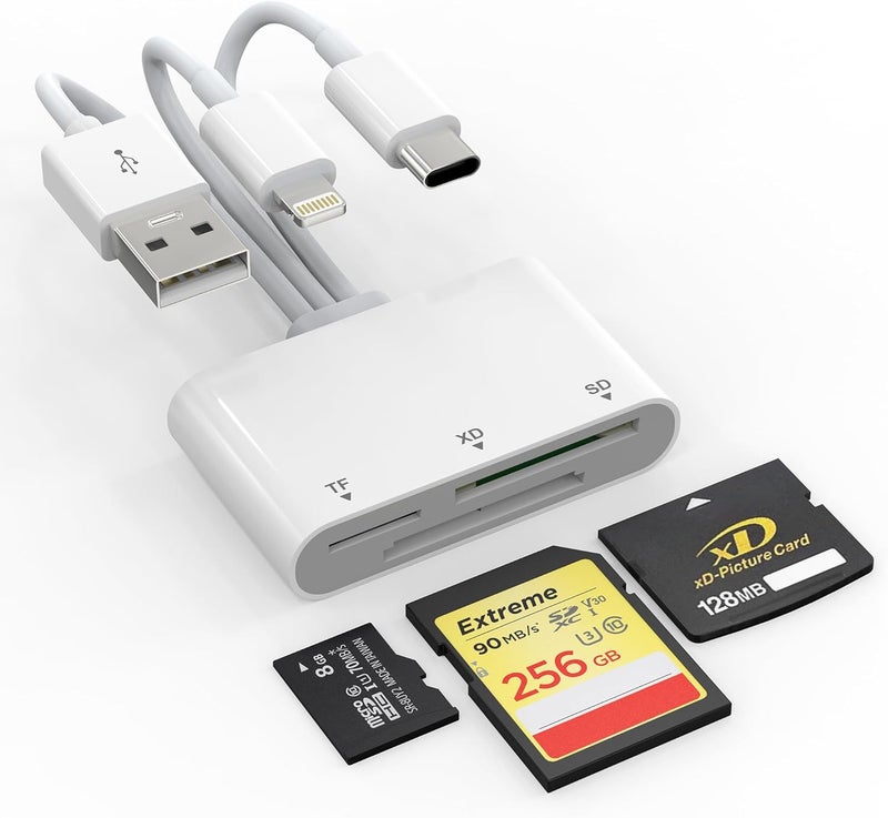 Ardaddyn XD Card Reader, SD Card Reader for iPhone, 3 in 1 SD/TF/XD Card Reader Adapter for iPhone/USB C Device, Lightning+USB A+USB C XD Picture Card Adapter for iPhone 16/15/14/iPad/PC/Android - Image 1